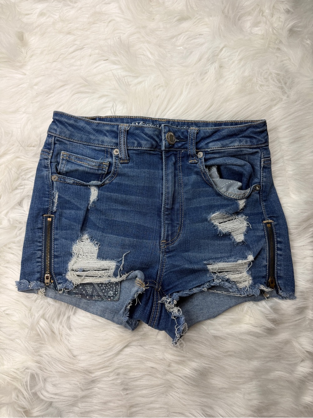 American Eagle Outfitters Distressed Dark Blue Denim Shorts with Zippers